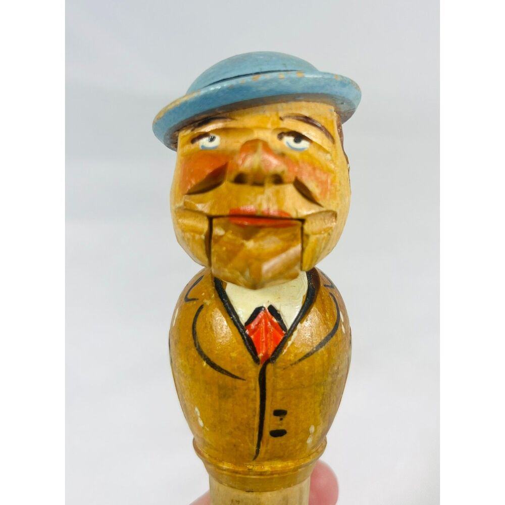 Vintage Anri Wooden Hand Carved Bottle Stopper Man in Hat Tongue